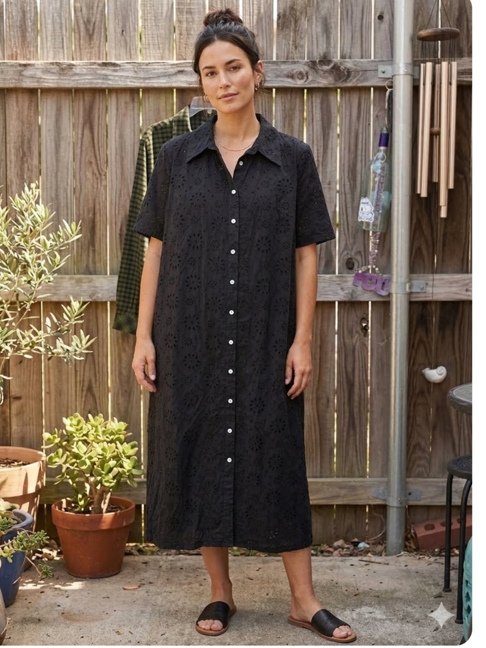 Silver Jeans Black Eyelet Short-Sleeve Button-Front maxi dress